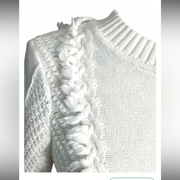 Kinross White Cable knit Textured Frayed Crewneck Sweater - Picture 2 of 9